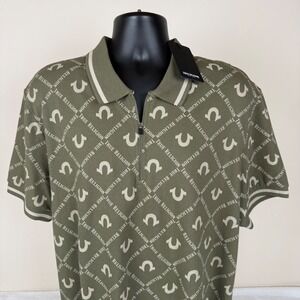 True Religion Mens Zip AOP Relaxed Polo Shirt Kalamata Olive Green Logo New $79